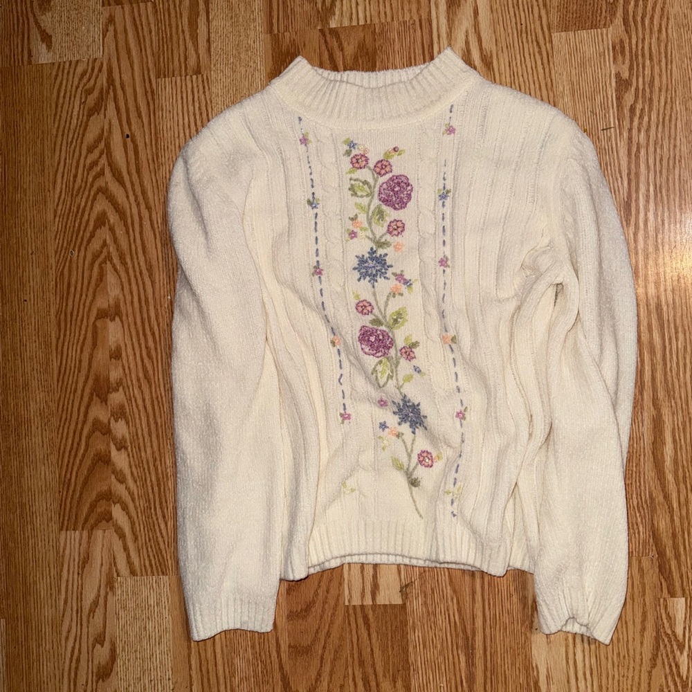 Alfred Dunner Cream Sweater with Floral Embroidery